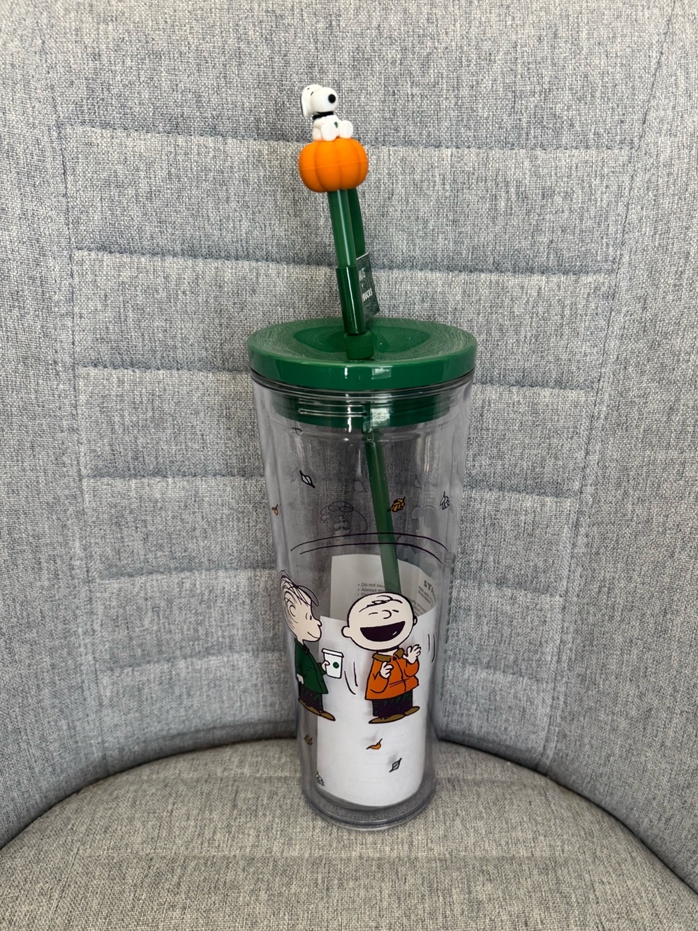 Starbucks Green Tumbler with Pumpkin Snoopy Straw Topper